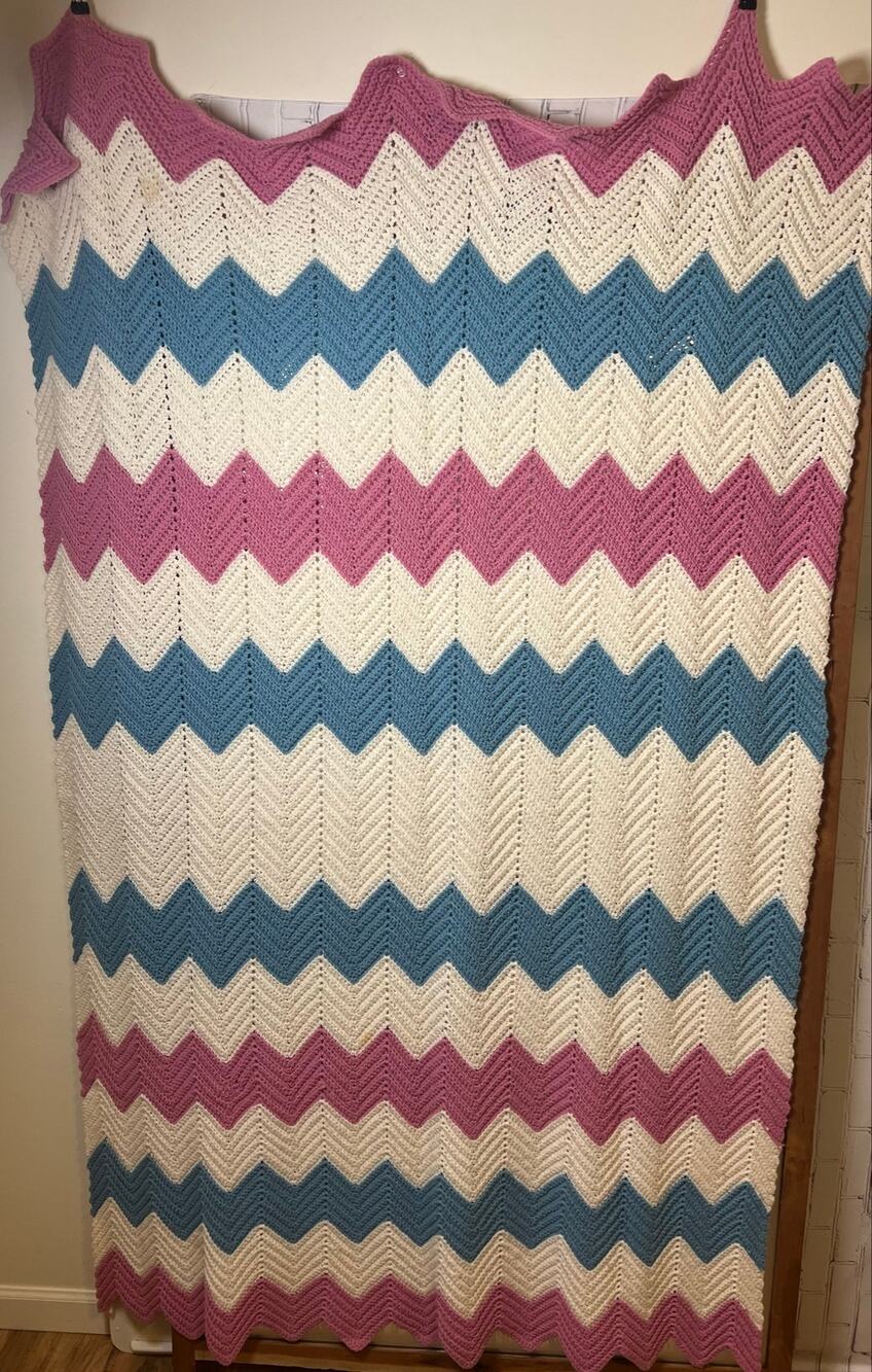 Vintage Handmade Crochet Chevron Afghan Pink Blue Cream Ripple Blanket 46x80